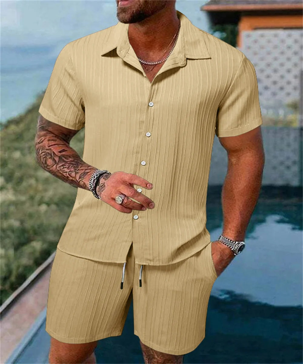 2024 New style Summer Men's Fashion Beach Suit Outdoor Sports Casual Shirt Solid color Loose Short Sleeve Shorts Beach two-piece
