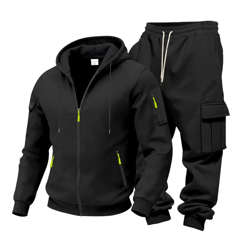 Men's Full Zip Hooded Tracksuit 2 Piece Set Casual Cargo Pocket Jogger Suit Outdoor Sports Hoodie And Pants Set