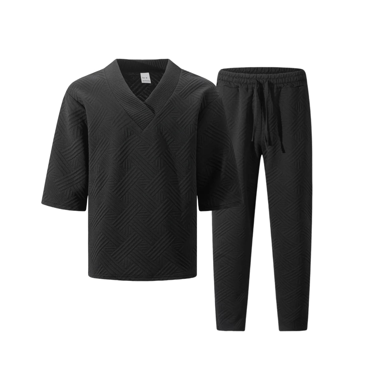 2026 Men's Spring Autumn Geometric Textured 2 Piece Set V-Neck Short Sleeve Top & Drawstring Pants Tracksuit