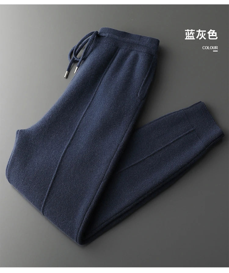 Autumn and Winter Thickened High Waisted 100% Merino Wool Men's Pants Small Leg Pants Casual Business Knitted Sweatpants Warm