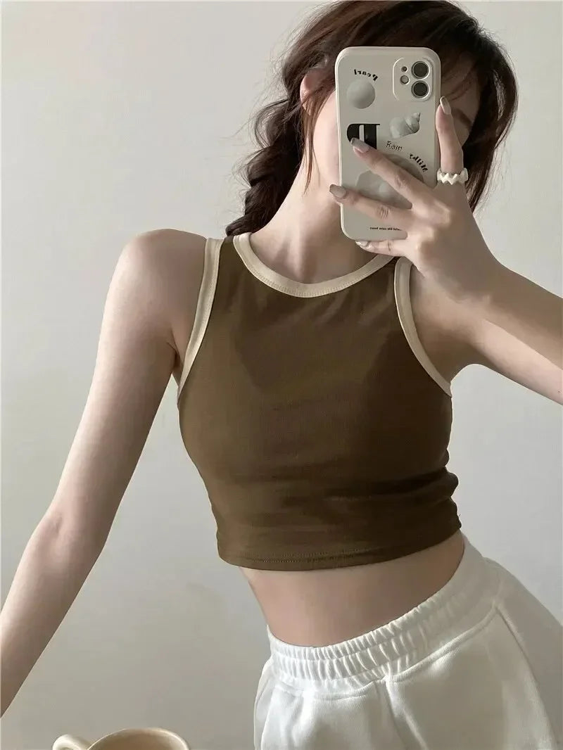 Spring Summer Color Block Sleeveless Vest Outerwear Pure Color Strap Innerwear Sports Top Base Shirt Beautiful Wrap Chest Women