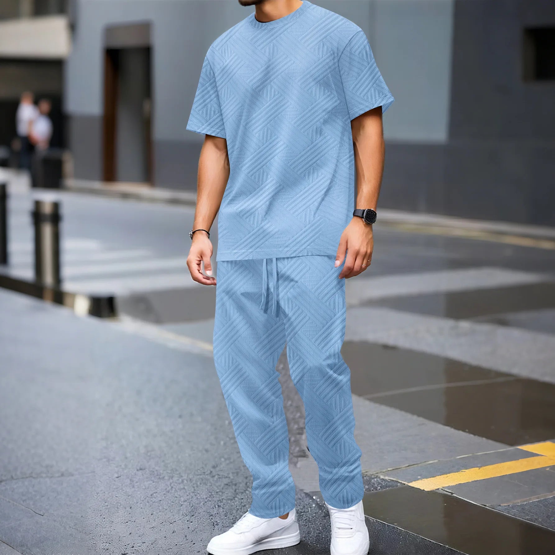 Men's Summer Jacquard Knit Two-Piece Set Casual Crew Neck T-Shirt and Pants Street Retro Solid Color Outfit