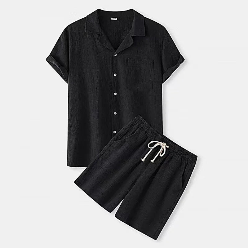 2025 New Summer Cotton Shorts Sets Men Lapel Short Sleeve Shirts Shorts 2-piece Set Men's Casual Sportswear Suit Solid Loose
