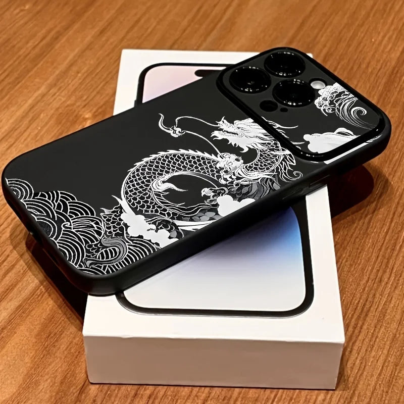 Linear Dragon Pattern Black Handy Window Phone case For iPhone 11 12 13 14 15 16 17 Air Pro Max XR XS X Plus Silicone INS Covers