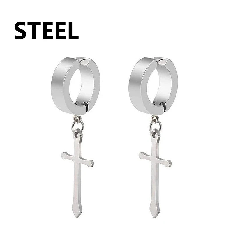 1 Pair Punk Stainless Steel Cross Stars Pendant Ear Clip No Piercing Earrings For Women Hiphop Fashion No ear hole Men Jewelry