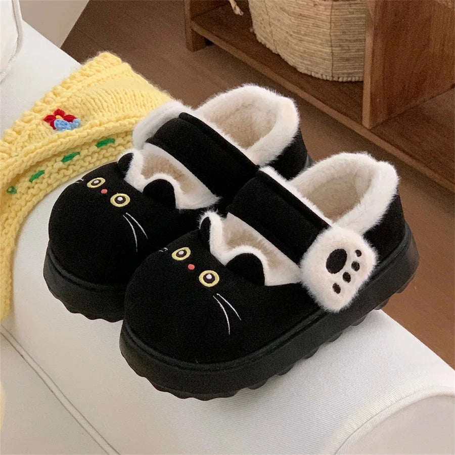 New fuzzy black cat shoes hook loop winter slippers for women indoor mary jane plush shoes mom shallow warm kitty slippers woman