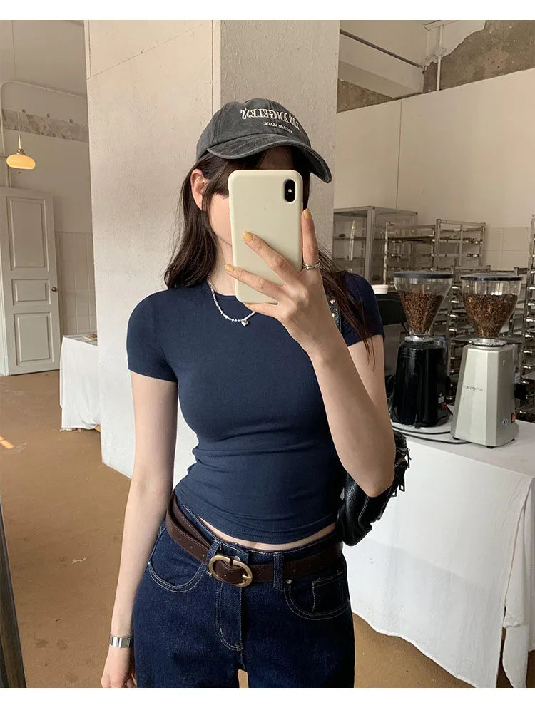 American style spicy girl shoulder T-shirt for women in summer 2025, tight fitting and slimming short top, basic elastic short s