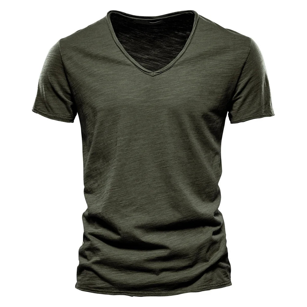 S-5XL 100% Cotton Men's T-Shirts Fashion Design V-neck Casual Slim Fit Basic Solid Summer T Shirt For Men-F037