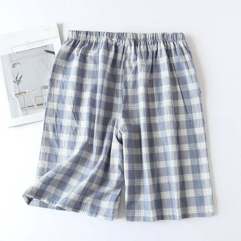 New 2026 Men's Sleepwear Pajama Shorts Plaid Design 100% Cotton Casual Loose Double-layer Homewear Sleep Bottoms Male Home Pants