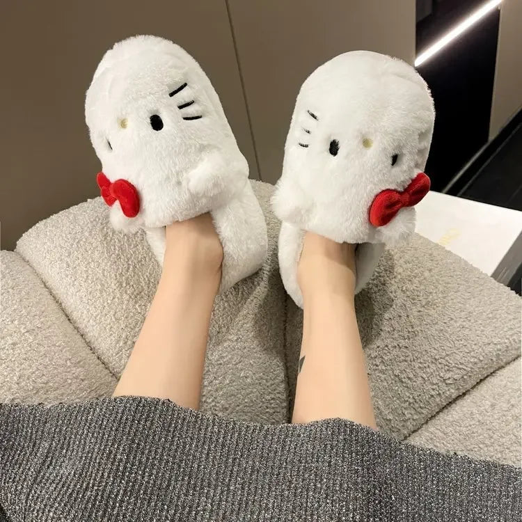Cute Hello Kitty Anime Women Plush Slippers Sanrio Kawaii Cotton Shoes Student Winter Bedroom Soft Shoes Girls Festival Gifts