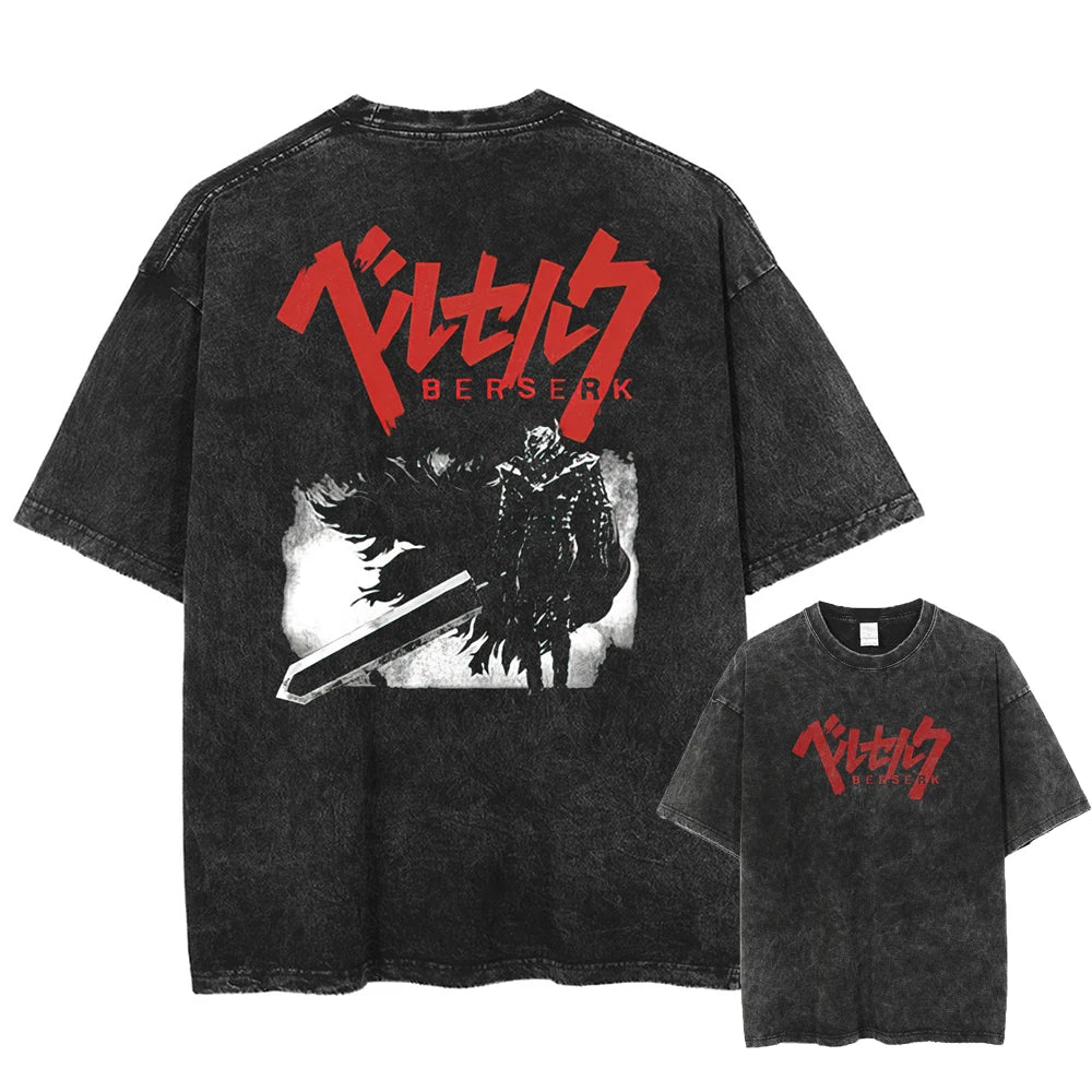 Anime Berserk Guts Printed Washed T-shirt Men Manga Street Tshirts Washed Cotton Harajuku Male Vintage Gothic Tops T Shirt