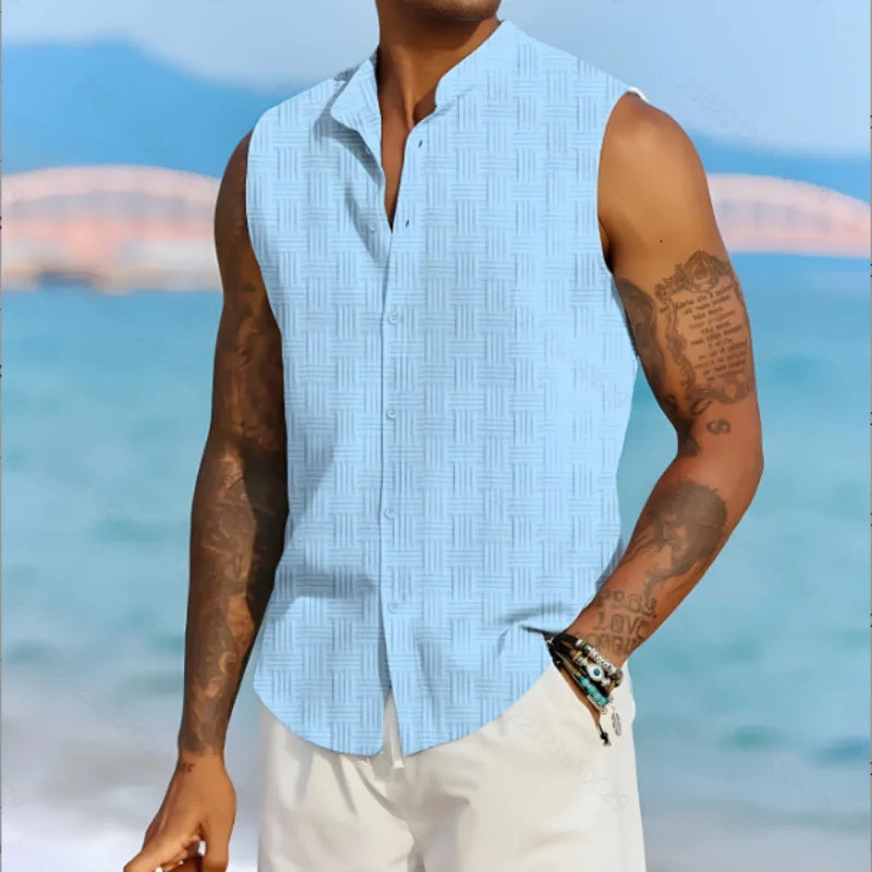 Summer New Men's Chinese style solid color casual jacquard cardigan comfortable breathable stand-up collar sleeveless shirt