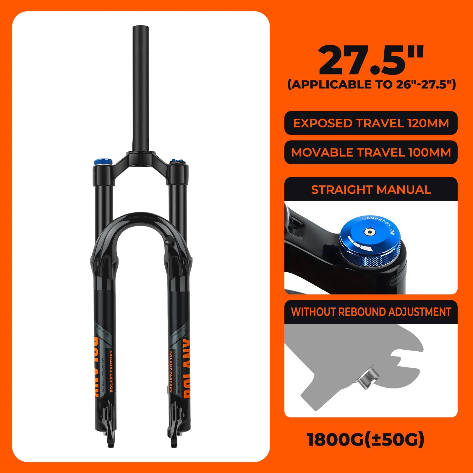BOLANY Bike Air Fork 27.5/29inch 120mm Travel Oil Air Suspension Lightweight Magnesium Alloy Quick Release Bicycle Fork