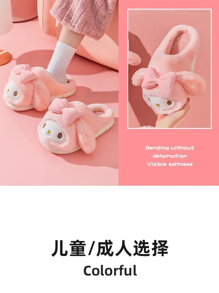 Sanrio Plush Slippers Women My Melody Kawaii Anime Cinnamoroll Cotton Shoes Flat Autumn Winter Keep Warm Non-Slip Cute Girl Gift