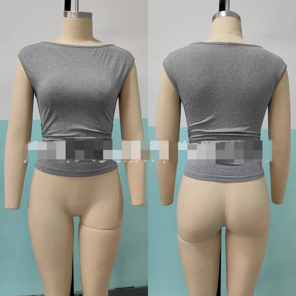 Sleeveless Pleated Tanks T-shirts Women Solid Vintage Crop Tops Sexy Kpop Tees Tshirts Gothic Harajuku Cheap Clothes Woman