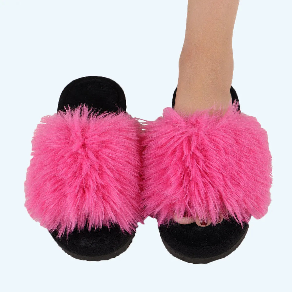 Women's Plush Faux Fur Slippers Winter House Carpet Fluffy Sandals Spring Autumn Outdoor Walking Open Toe Flip Flops