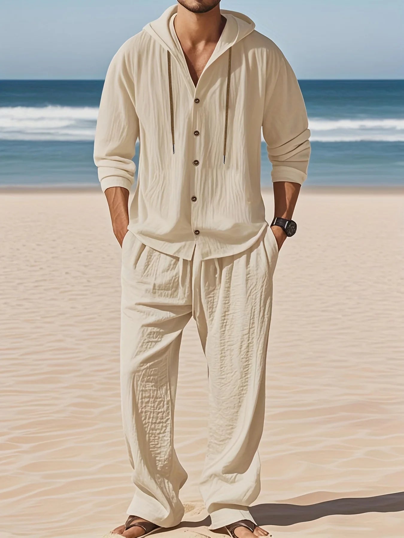 Men's Linen Long-Sleeved Shirt And Pants Set Breathable Outdoor Leisure Hiking Beach Sports Clothing for Spring Summer Autumn