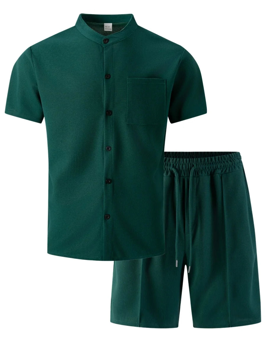 Men's 2 Piece Outfit, Stand Collar Short Sleeve Shirt with Chest Pocket and Drawstring Shorts, Casual Co Ord Set