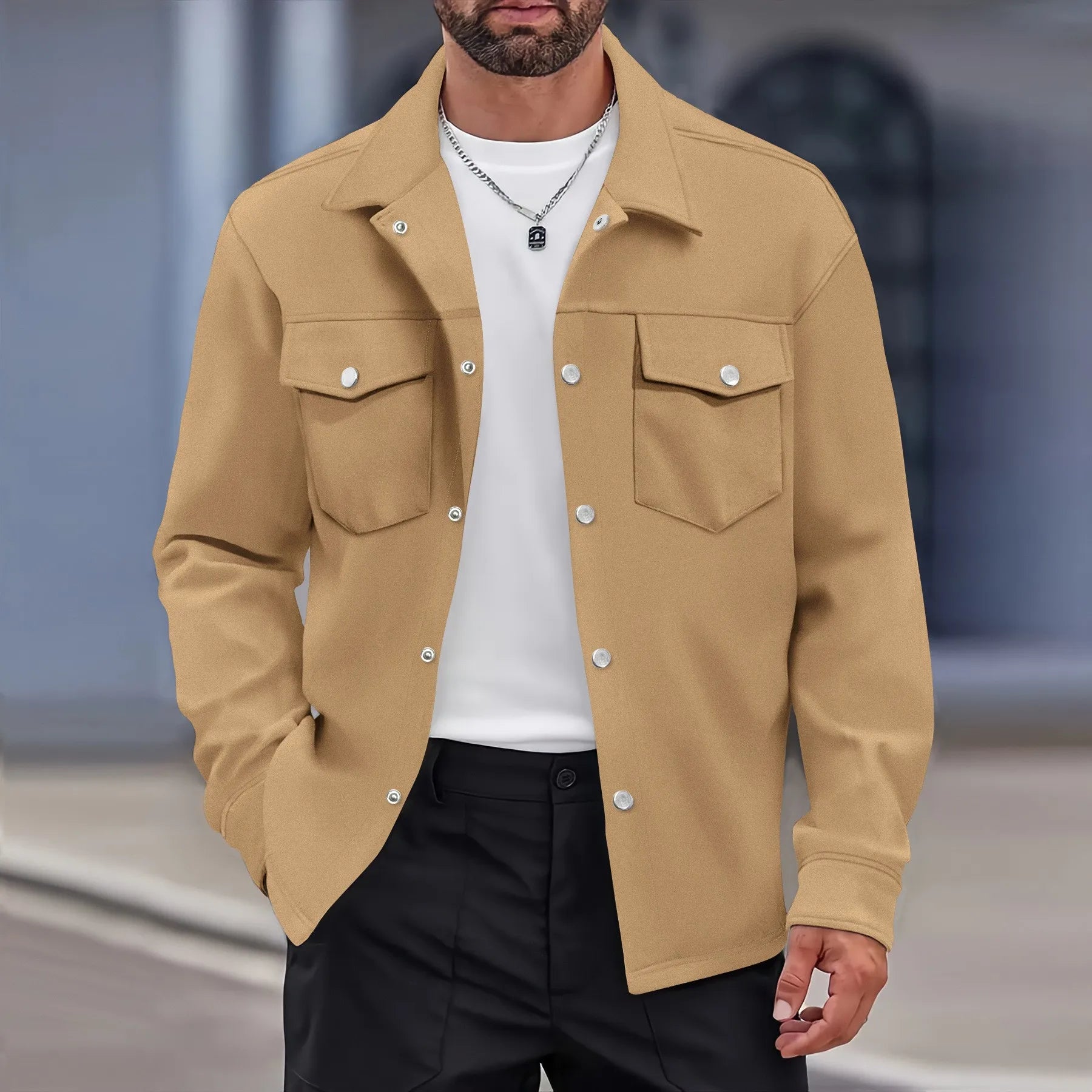 2025 new men's casual spring and autumn solid color single-breasted jacket pocket long-sleeved coat