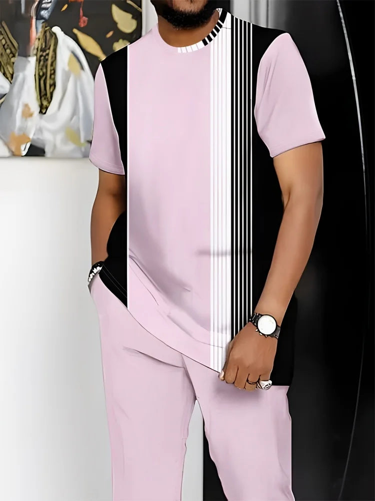 Summer Men's Short-Sleeve Suit Striped Print Short-Sleeve Top Paired With Tailored Trousers Outdoor & Streetwear Two-Piece Set