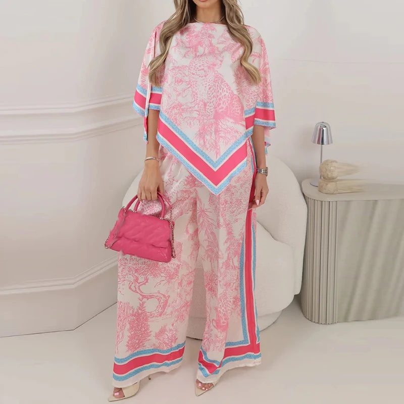 New Elegant Shawl Top+Pants Two Twice Set Summer Fashion Round Neck Loose Outfit Lady Casual Satin Printed Office Commuter Suit