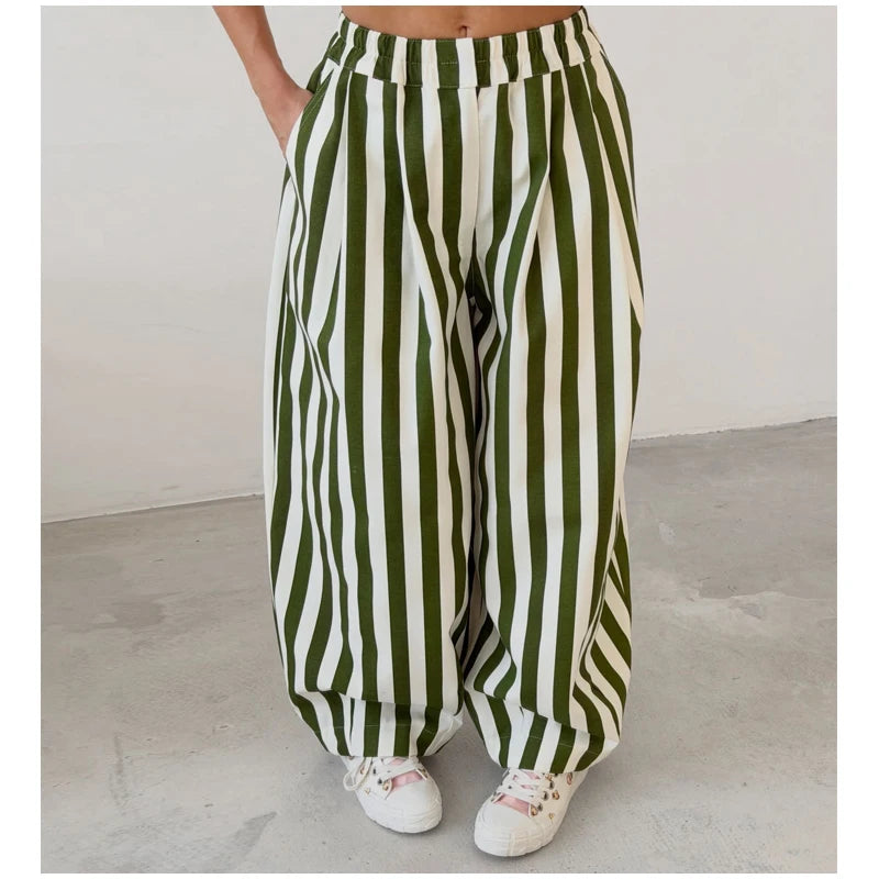 Red White Striped Balloon Pants Women's Elastic Waist Wide Leg Baggy Casual Trouser 2026 Summer New Streetwear Loose Fit Pants