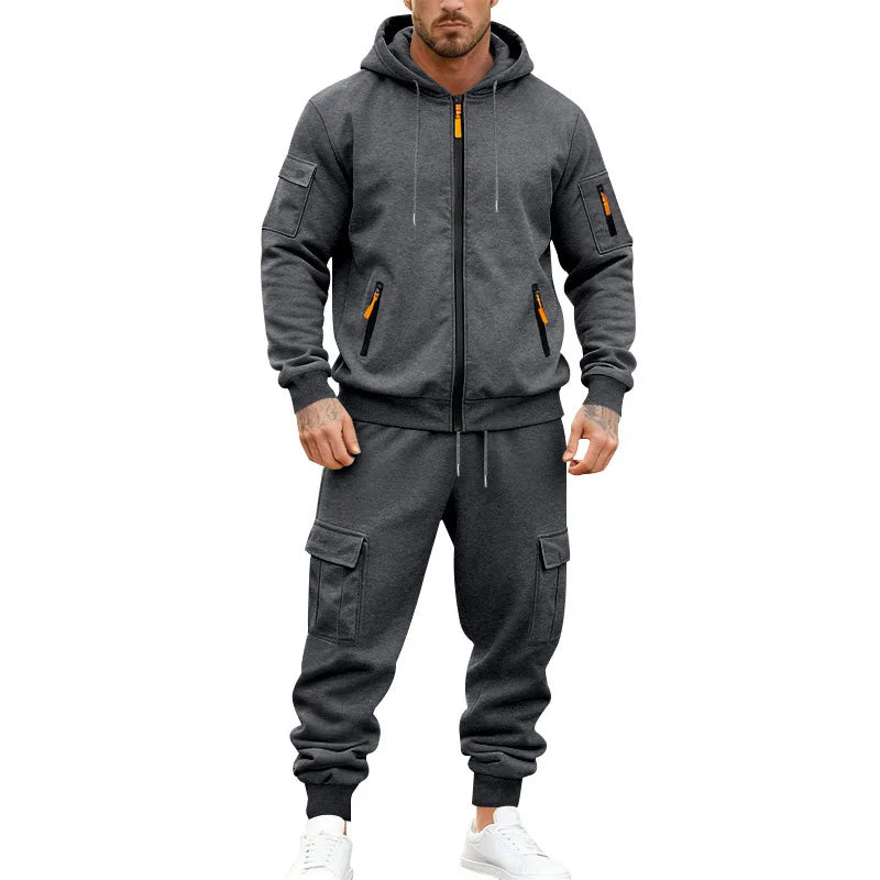 Men's Full Zip Hooded Tracksuit 2 Piece Set Casual Cargo Pocket Jogger Suit Outdoor Sports Hoodie And Pants Set