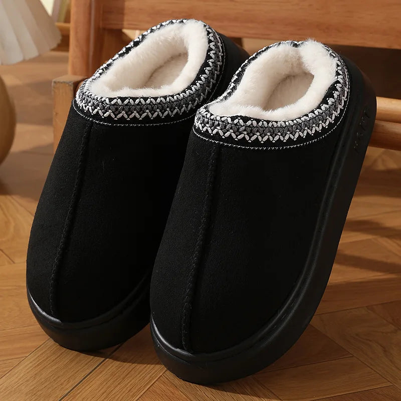 Comfort Thick Bottom Cotton Slippers Women 2025 Winter Warm Thick Plush Non Slip Furry Clogs Shoes Embroidery Suede Snow Boots