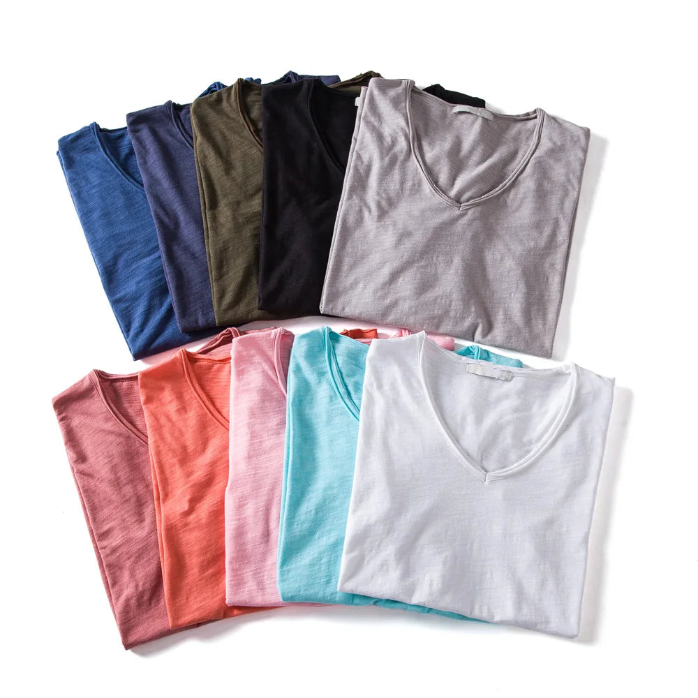S-5XL 100% Cotton Men's T-Shirts Fashion Design V-neck Casual Slim Fit Basic Solid Summer T Shirt For Men-F037