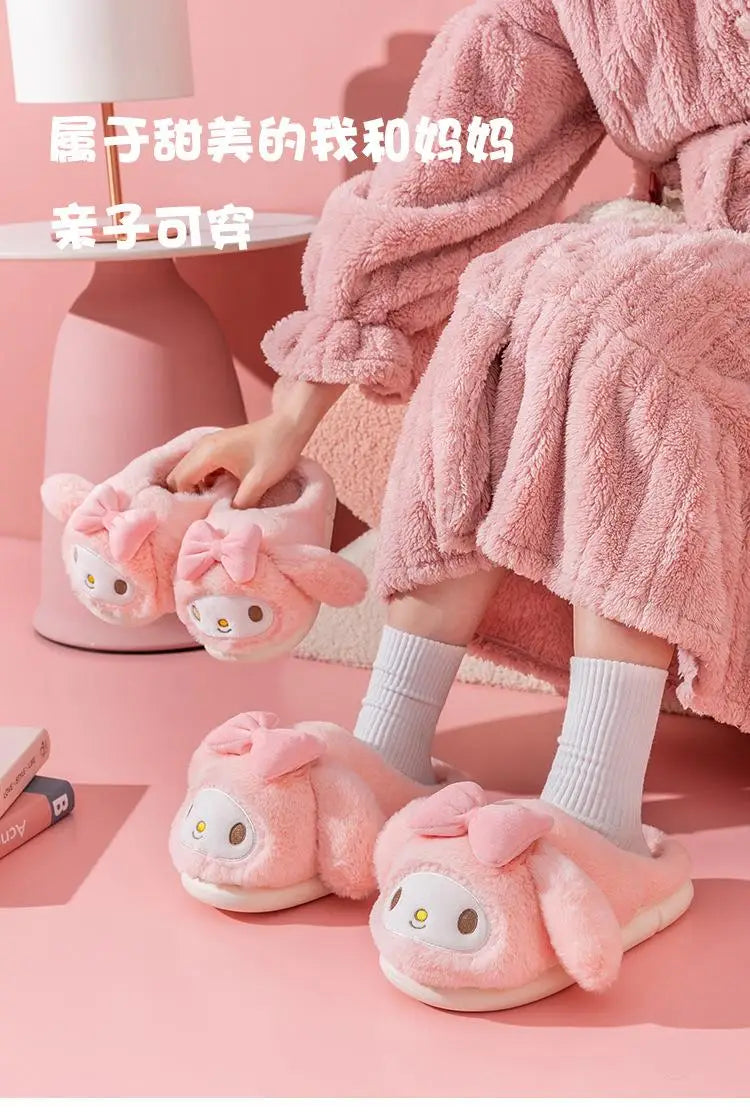 Sanrio Plush Slippers Women My Melody Kawaii Anime Cinnamoroll Cotton Shoes Flat Autumn Winter Keep Warm Non-Slip Cute Girl Gift