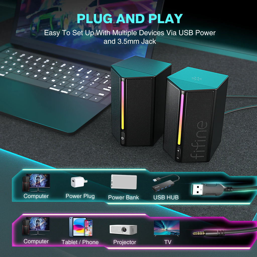 FIFINE Gaming Sound Box with Stereo Surround Sound, USB RGB Speaker with Vol Control for PC,Lattop,PS4/5,TV-Ampligame A20