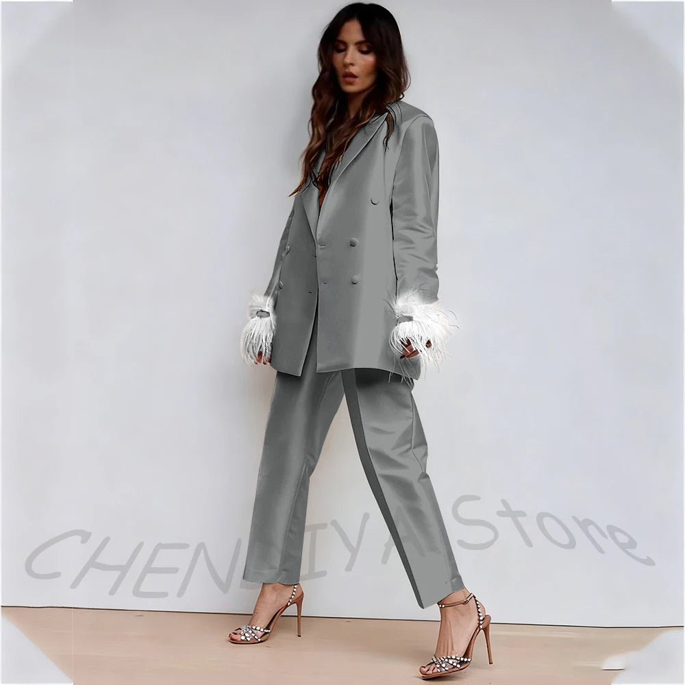 Luxury Feather Women's Suit Classic Design Double Breasted Ankle Length Elegant Outfit Two Pieces Formal Party Female Set