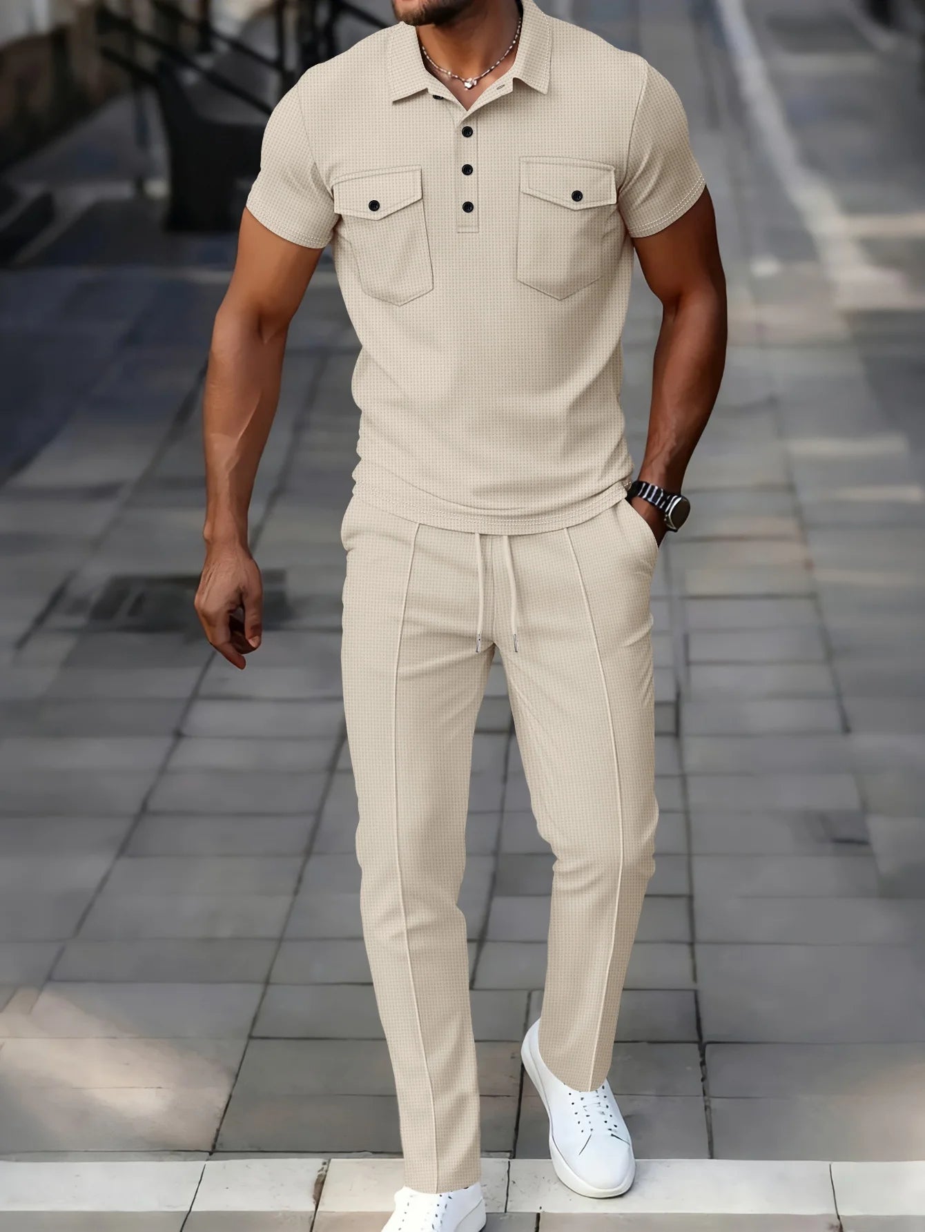 Summer New Men's Waffle Casual Tracksuit, Lapel Collar Double Pocket Solid Polo Shirt and Long Pants Set