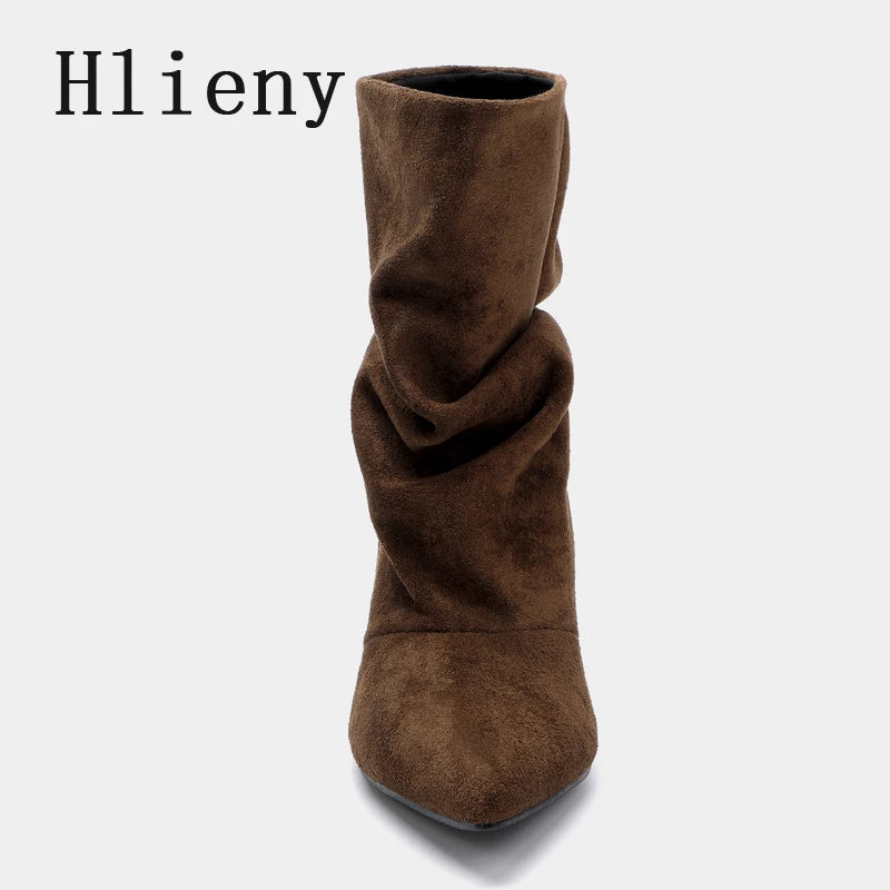 Liyke Winter Pleated Suede Women Shoes Pointed Toe Low Thin Heels Female Brown Retro Elegant Designer Ankle Boots Bottes Femme