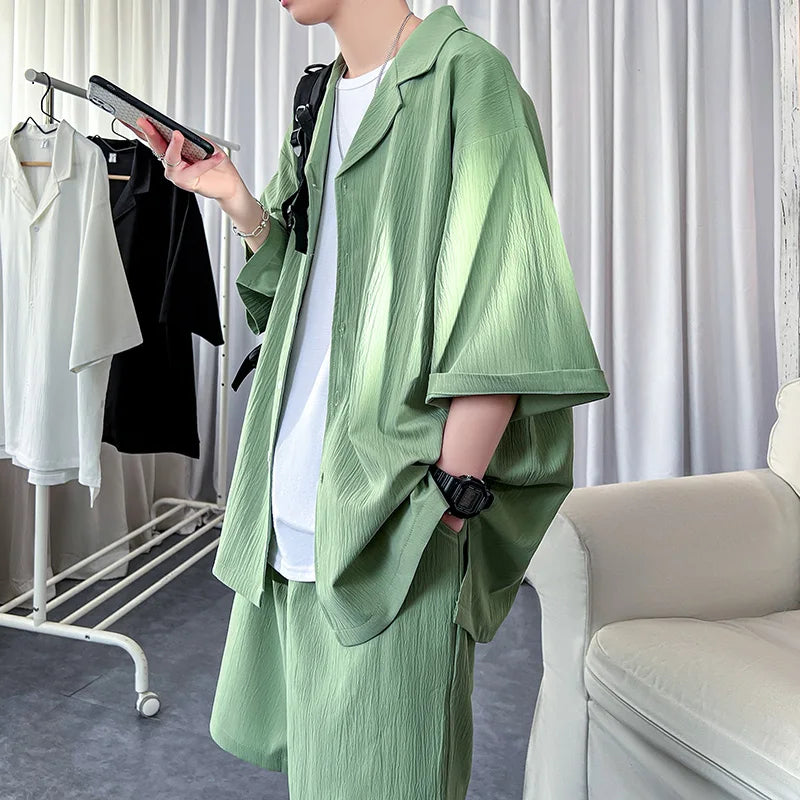 Korean Style Men's Set Shirt+Shorts Solid Short Sleeve Top Matching Bottoms Summer Fashion Oversized Clothing Men