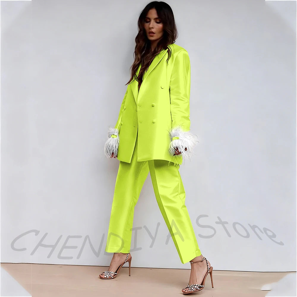 Luxury Feather Women's Suit Classic Design Double Breasted Ankle Length Elegant Outfit Two Pieces Formal Party Female Set