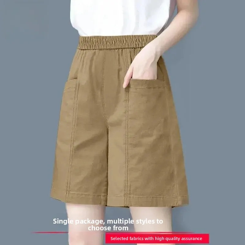 Summer Casual Loose High Waist Slimming Cotton Wide Leg Five-Quarter Length Women's Shorts Versatile Workwear Style Shorts