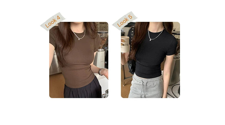 American style spicy girl shoulder T-shirt for women in summer 2025, tight fitting and slimming short top, basic elastic short s