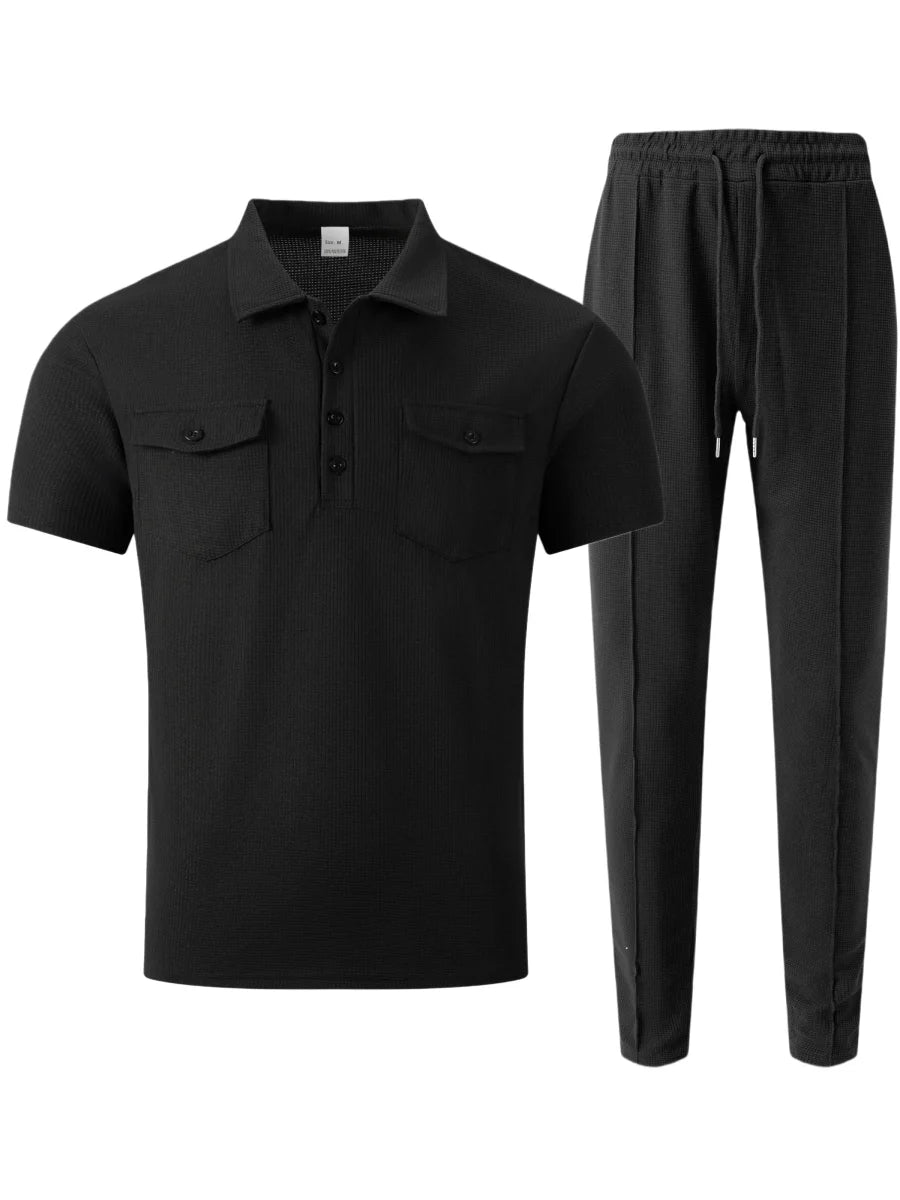 Summer New Men's Waffle Casual Tracksuit, Lapel Collar Double Pocket Solid Polo Shirt and Long Pants Set
