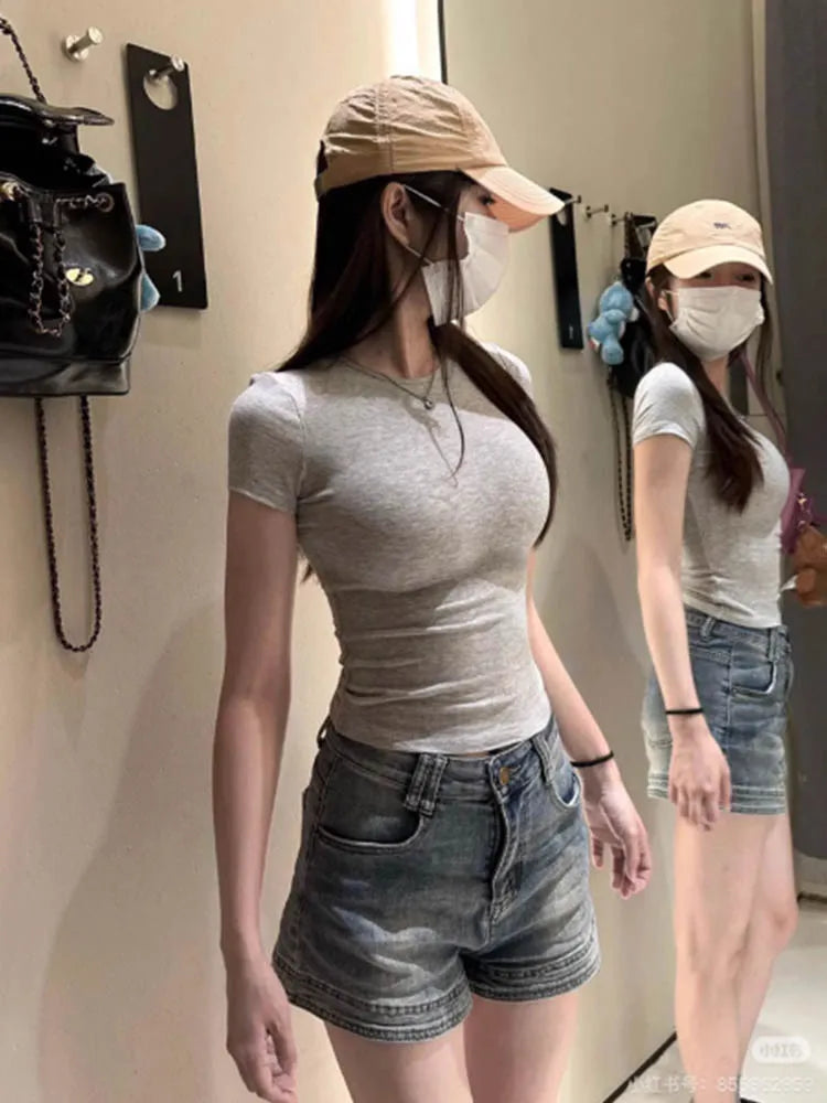 American style spicy girl shoulder T-shirt for women in summer 2025, tight fitting and slimming short top, basic elastic short s