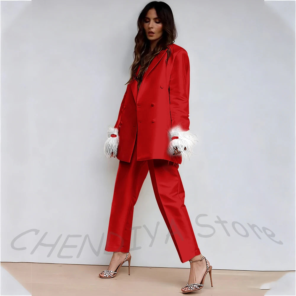 Luxury Feather Women's Suit Classic Design Double Breasted Ankle Length Elegant Outfit Two Pieces Formal Party Female Set