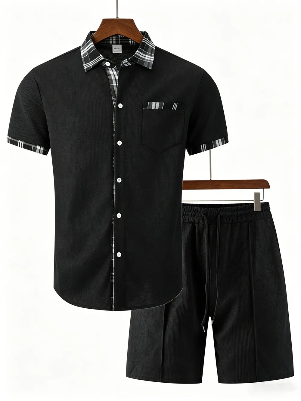 Summer New Waffle Set, Men's Plaid Spliced Short-Sleeve Shirt & Shorts, Casual Two-Piece Outfit F156D