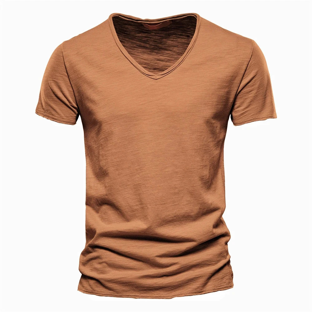 S-5XL 100% Cotton Men's T-Shirts Fashion Design V-neck Casual Slim Fit Basic Solid Summer T Shirt For Men-F037