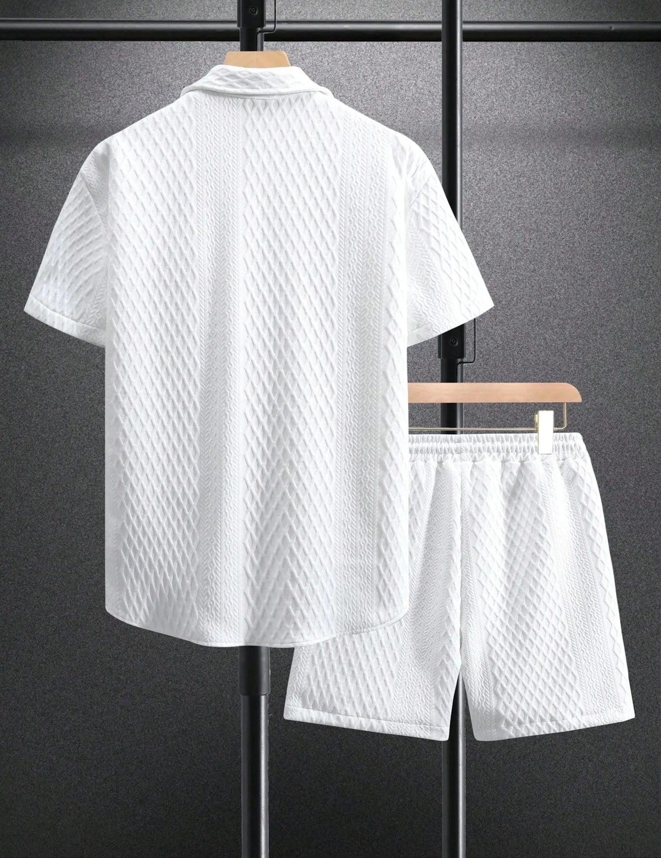 Summer New Men's Casual White Sportswear Shirt with A Lapel Men's Short-sleeved Button Shirt and Shorts Jacquard Texture Suit