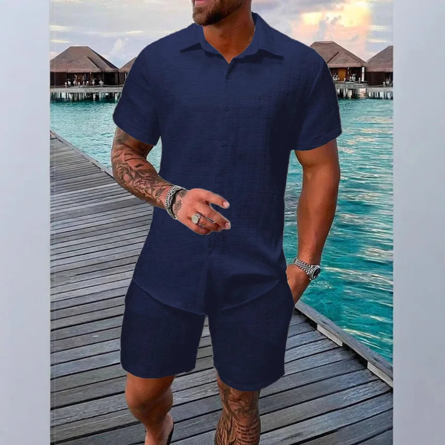 Summer Solid color Cotton linen Men's Shirt Set Fashion lapel Jacquard Short-sleeved Shirt Shorts 2 Piece Set Men's Shorts Suit