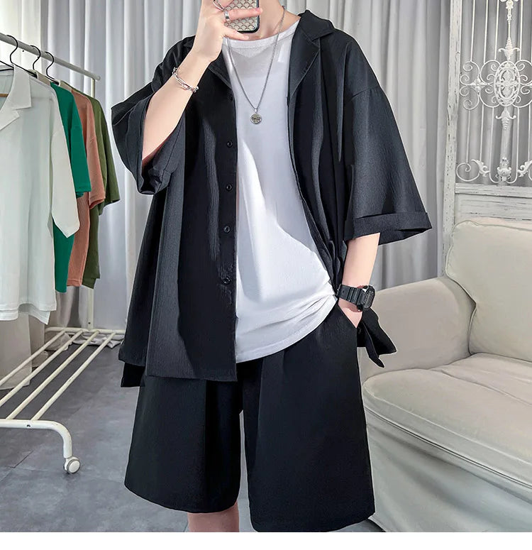 Korean Style Men's Set Shirt+Shorts Solid Short Sleeve Top Matching Bottoms Summer Fashion Oversized Clothing Men