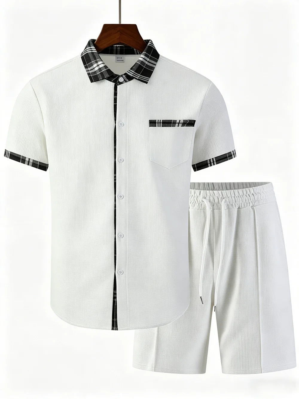 Summer New Waffle Set, Men's Plaid Spliced Short-Sleeve Shirt & Shorts, Casual Two-Piece Outfit F156D