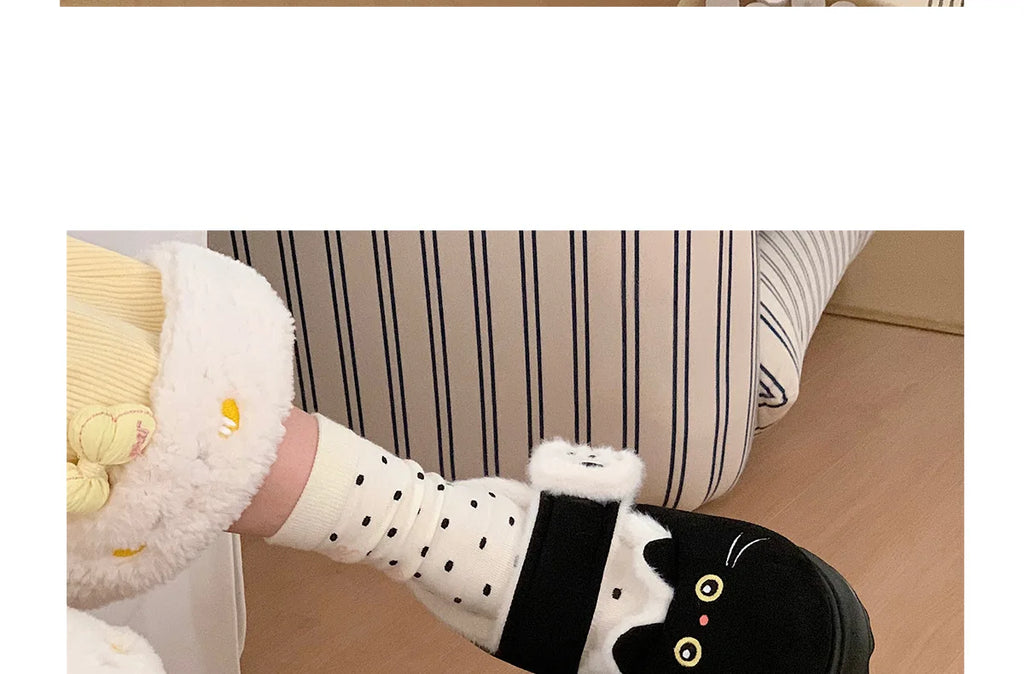 New fuzzy black cat shoes hook loop winter slippers for women indoor mary jane plush shoes mom shallow warm kitty slippers woman