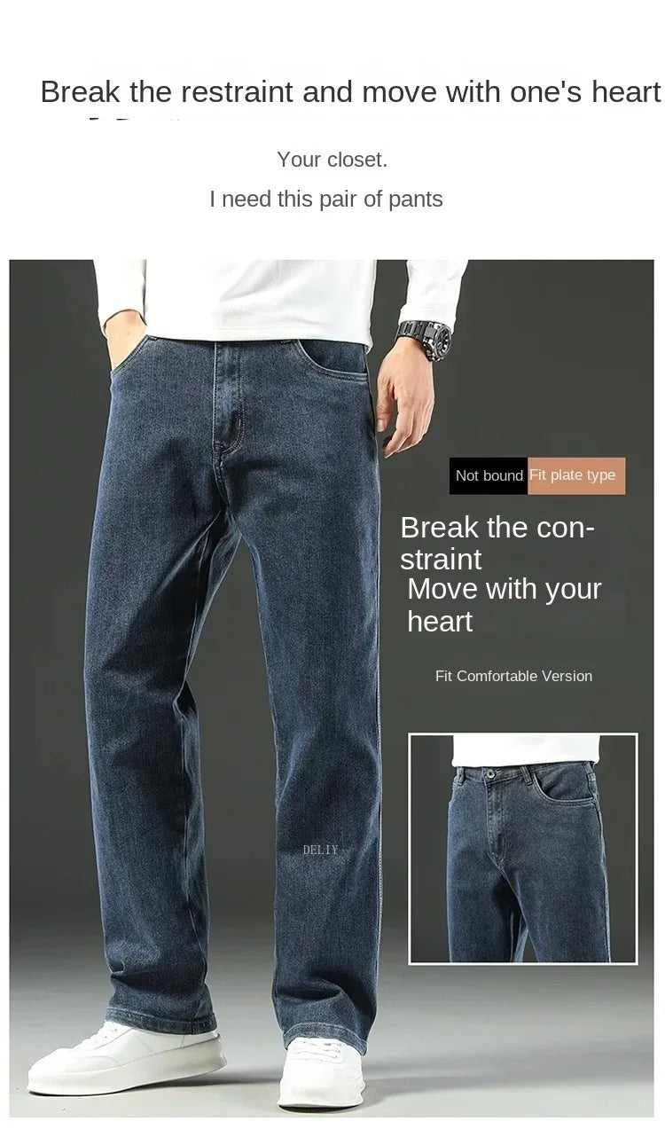 Autumn Winter  Brand New High Waist Jeans Classic Business Casual Office Men's Fashion Stretch Slim Denim Jeans Navy Blue