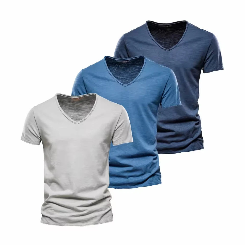 S-5XL 100% Cotton Men's T-Shirts Fashion Design V-neck Casual Slim Fit Basic Solid Summer T Shirt For Men-F037